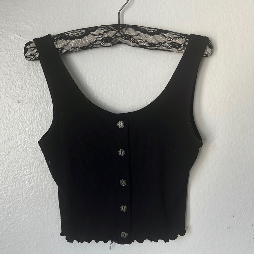 Black summer crop tank, faux buttons. Size S